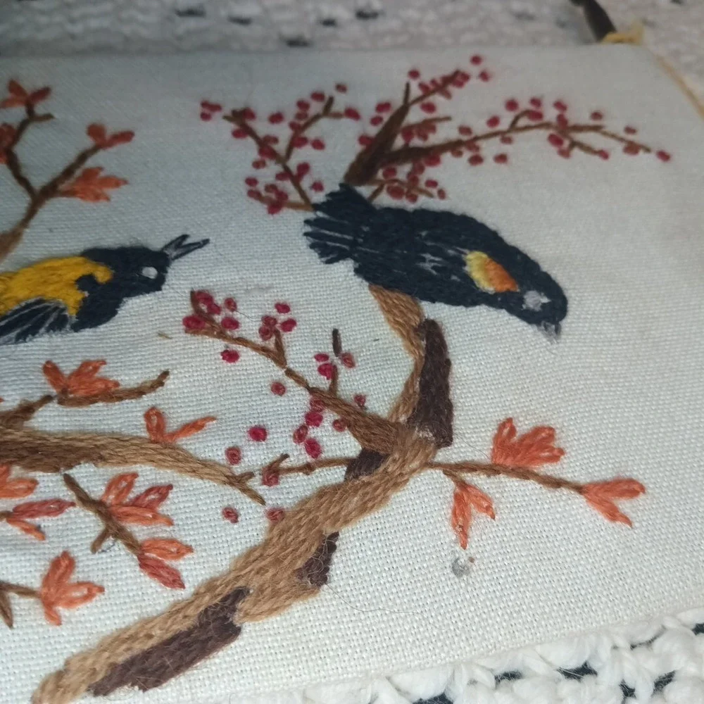Embroidered Cross Stitch Hanging Art Birds Vintage Handmade Quail Leewards 26X6